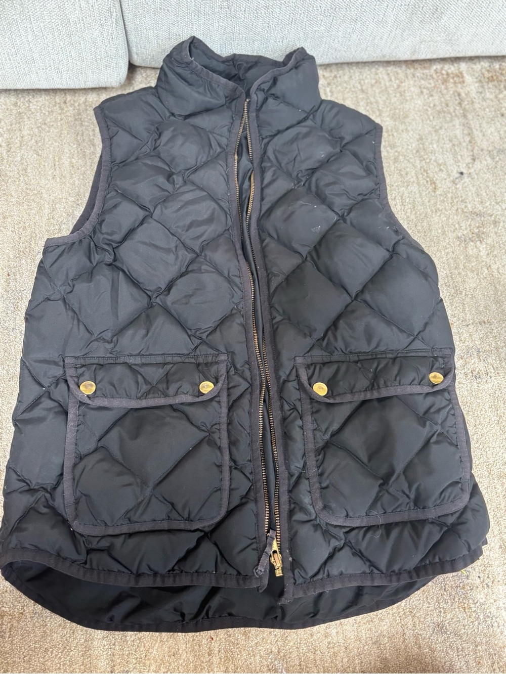 J. Crew Black Quilted Puffer Vest with Gold-Tone Snaps